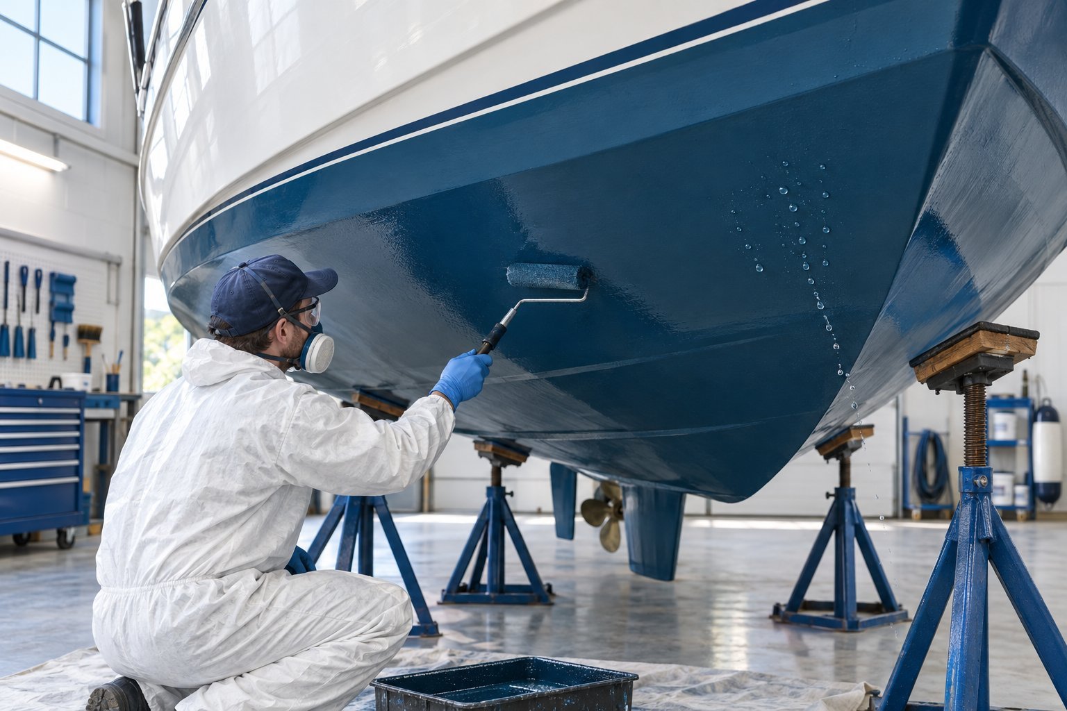 A technician applies a protective coating to the underside of a fiberglass boat.